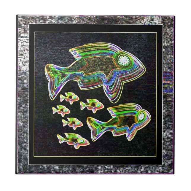 Azulejo De Cerámica Reflexión iluminada: peces con luz de inundación (Frente)