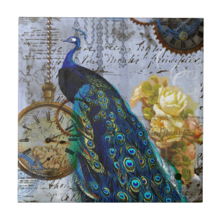 Azulejo De Cerámica Relojes de reloj de rosa amarillo Peacock Steampun