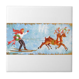 Azulejo De Cerámica Reno y chica hermosos de los mediados de siglo del