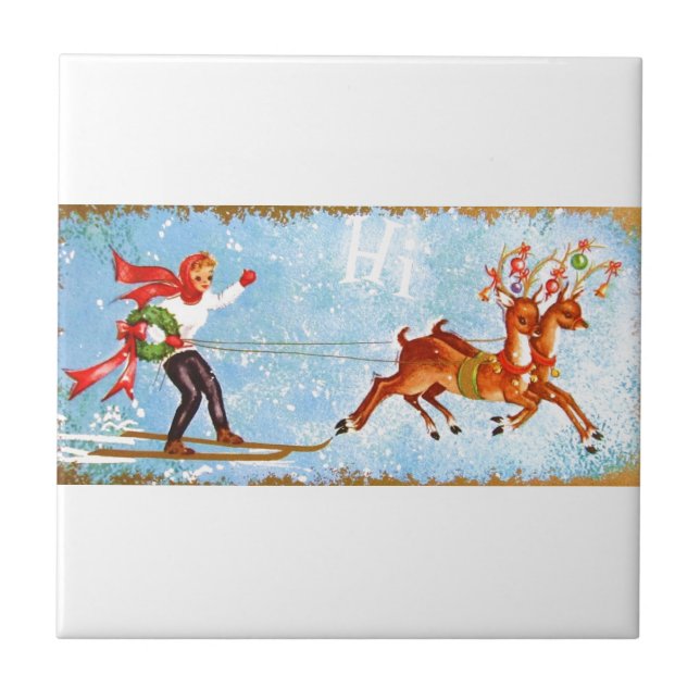 Azulejo De Cerámica Reno y chica hermosos de los mediados de siglo del (Frente)