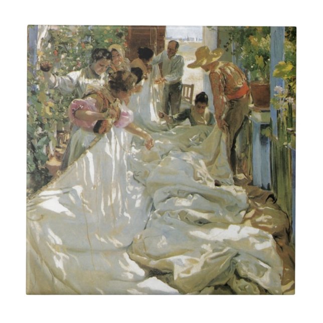 Azulejo De Cerámica Reparando la vela - Joaquín Sorolla y Bastida (Frente)