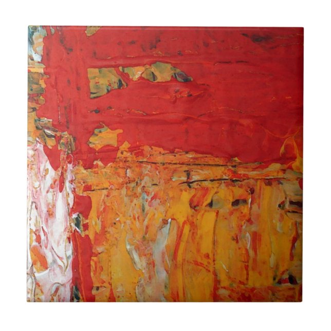 Azulejo De Cerámica Resumen de Amarillo Rojo con Textos Ricos (Frente)