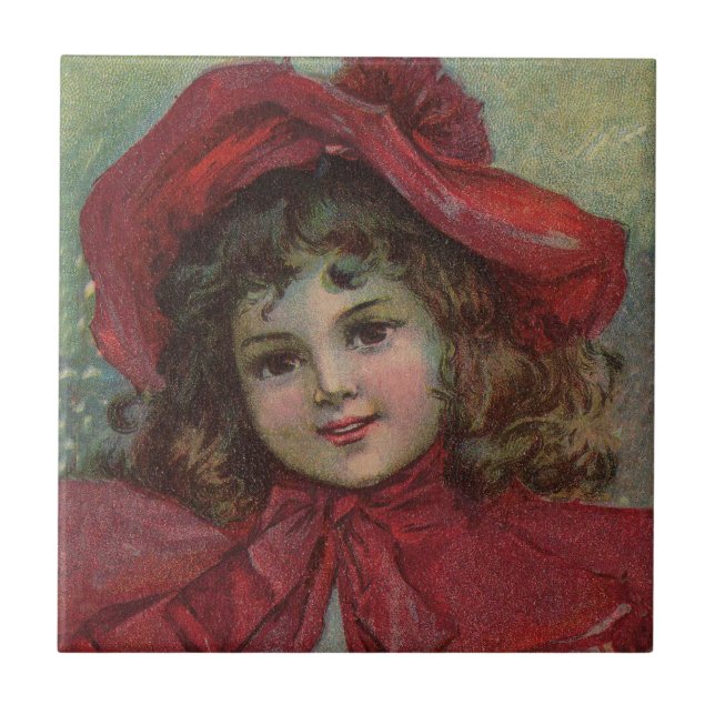 Azulejo De Cerámica Retrato de Chica de Gorra rojo infantil victoriano (Frente)