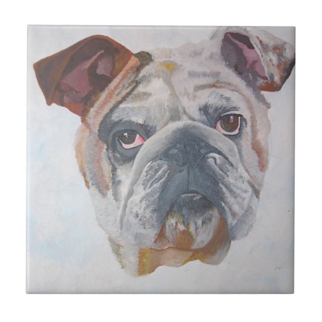 Azulejo De Cerámica Retrato de Mascota artístico de Bulldog estadounid (Frente)