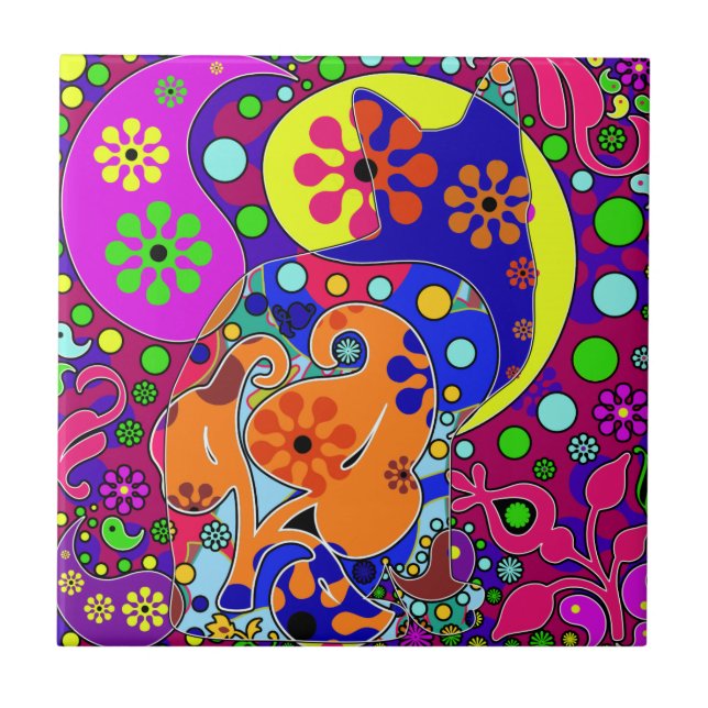 Azulejo De Cerámica Retro Hippie Flower Power Paisley Cat Pop Art (Frente)