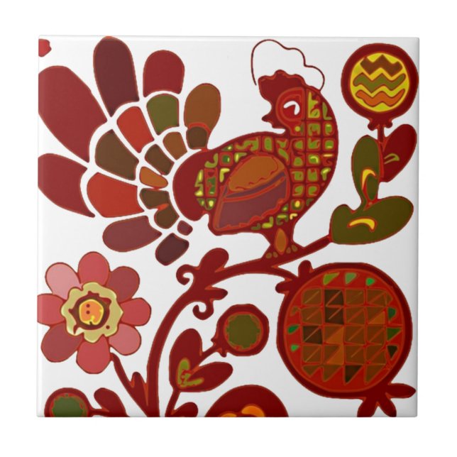 Azulejo De Cerámica Retro Rooster 60s Estilo Mod Naranja e impresión r (Frente)
