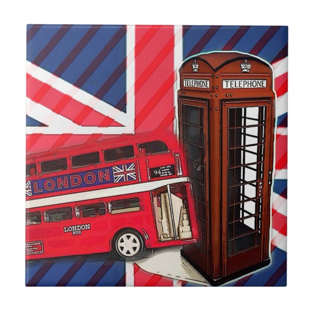 Azulejo De Cerámica Retro Union Jack London Bus cabina telefónica roja (Frente)