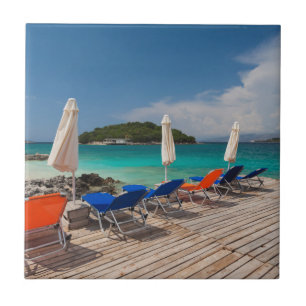 Azulejo De Cerámica Riviera albanesa, Ksamil, ciudad frente a la playa