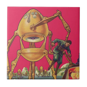 Azulejo De Cerámica Robot Alien de Ciencia Ficción Vintage Captura Hom