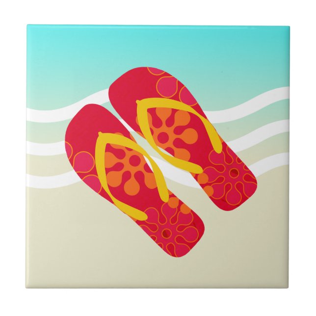 Azulejo De Cerámica Rojo Amarillo Playa Flip Flags (Frente)