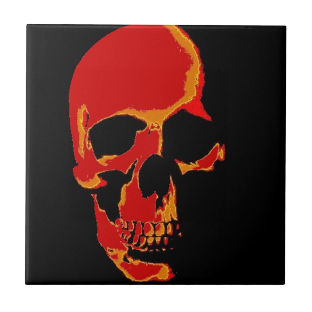 Azulejo De Cerámica Rojo Negro Amarillo Pop Arte Skull Cerámica Tile (Frente)