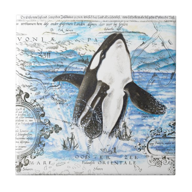 Azulejo De Cerámica Rompiendo el mapa antiguo de Orca (Frente)