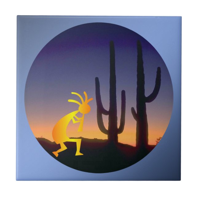 Azulejo De Cerámica Ronda de Cactus y Kokopelli (Frente)
