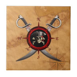 Azulejo De Cerámica Rosa de compás del cráneo del pirata