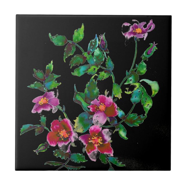 Azulejo De Cerámica Rosa de cosecha - negro (Frente)
