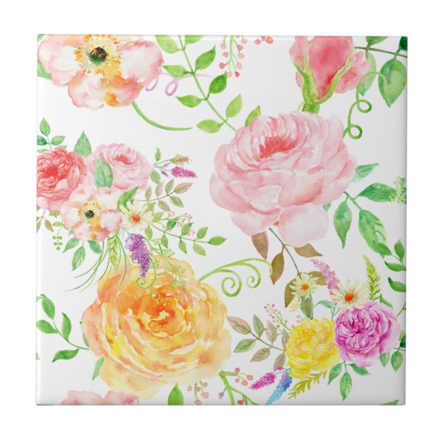 Azulejo De Cerámica Rosa de la acuarela y modelo subió melocotón (Frente)