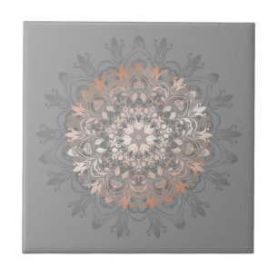 Azulejo De Cerámica Rosa Dorado Gris Floral Mandala