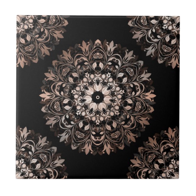 Azulejo De Cerámica Rosa Gold Black Floral Mandala (Frente)
