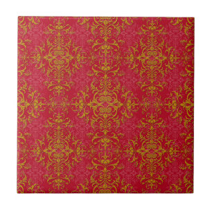 Azulejo De Cerámica Rosa intenso y patrón de estilo damasco de fantasí