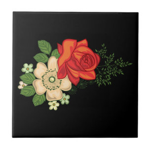 Azulejo De Cerámica Rosa Roja y Margaritas Fondo Negro