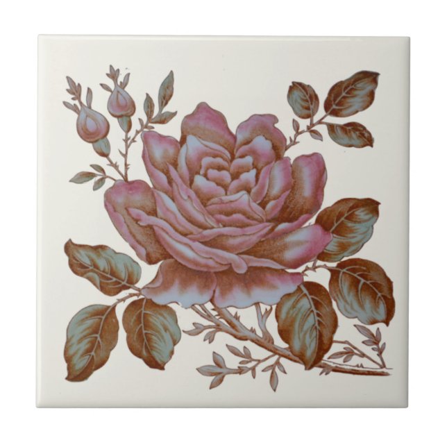 Azulejo De Cerámica Rosa romántico Transferware Tile c. Diseño de 1900 (Frente)