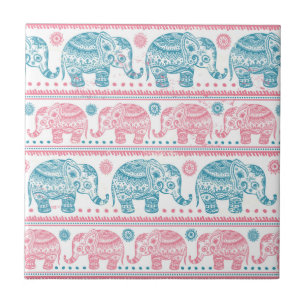 Azulejo De Cerámica Rosa y modelo étnico verde azulado del elefante