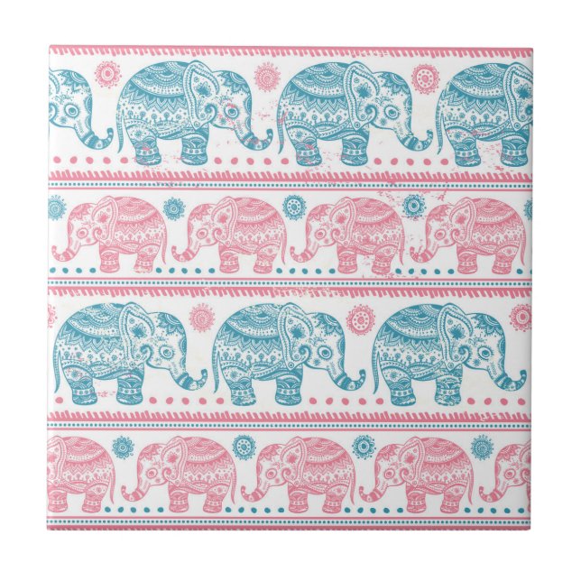 Azulejo De Cerámica Rosa y modelo étnico verde azulado del elefante (Frente)