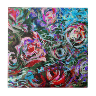 Azulejo De Cerámica Rosas abstractos en rojo y azul
