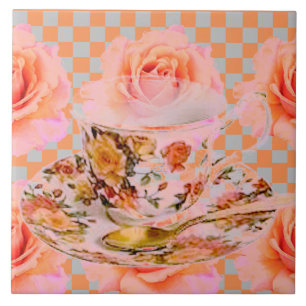 Azulejo De Cerámica Rosas DE LA COCINA SUEÑO-TEA Y TEACUP DE ORO