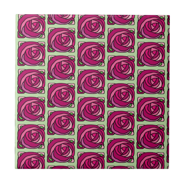 Azulejo De Cerámica Rosas de la cosecha Patrón floral rosa y verde (Frente)