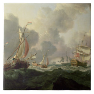 Azulejo De Cerámica Rosas holandeses y una fragata británica en los