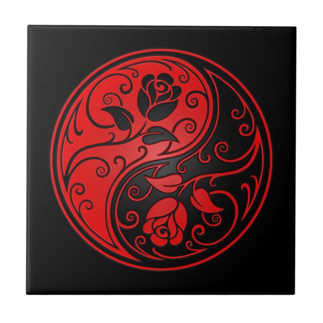 Azulejo De Cerámica Rosas rojos y negros de Yin Yang (Frente)