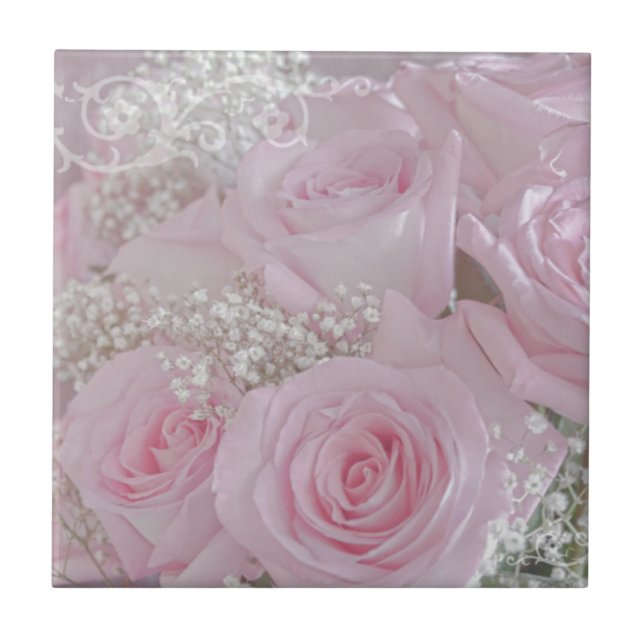 Azulejo De Cerámica Rosas rosa blandas y aliento del bebé (Frente)