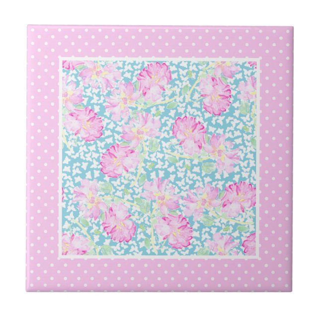 Azulejo De Cerámica Roses rosas blancas mariposas Polkas Cerámica Tile (Frente)