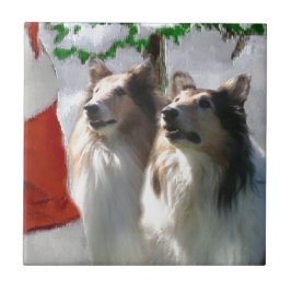 Azulejo De Cerámica Rough Collies Conoce a Santa Navidades