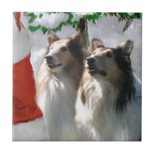 Azulejo De Cerámica Rough Collies Conoce a Santa Navidades