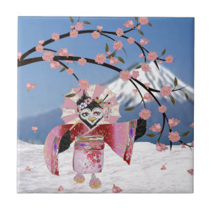 Azulejo De Cerámica Sakura Geisha Pájaro en la Nieve Flor de Cerezo