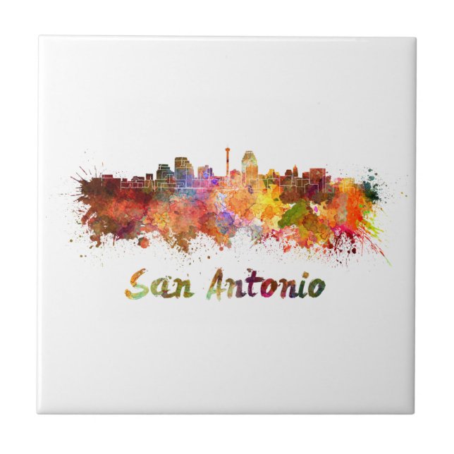Azulejo De Cerámica San Antonio skyline in watercolor (Frente)