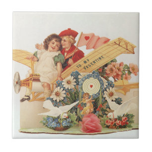 Azulejo De Cerámica San Valentín Victoriano Antiguo, Niños en Avión