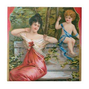Azulejo De Cerámica San Valentín vintage, dama victoriana con querubín