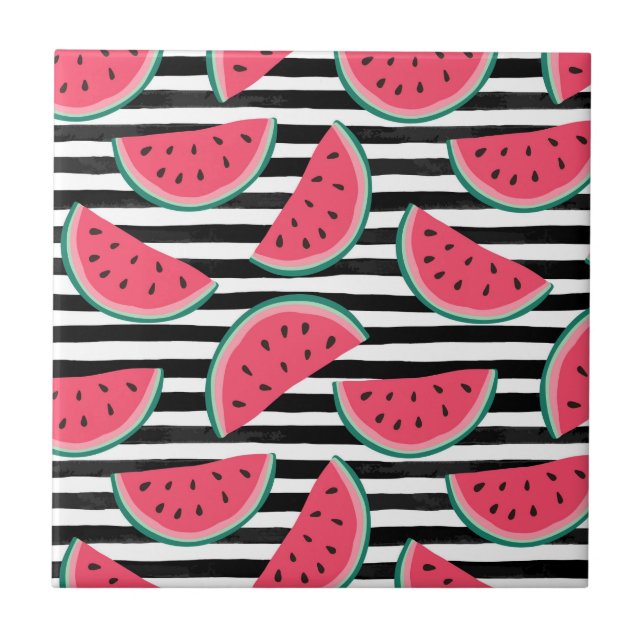 Azulejo De Cerámica Sandía dulce en las rayas negras y el modelo (Frente)