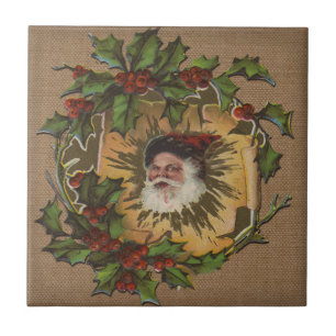 Azulejo De Cerámica Santa Antiguo Vintage Navidad Acebo