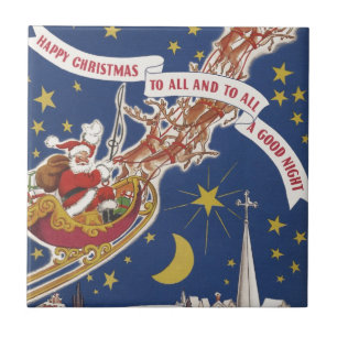 Azulejo De Cerámica Santa Claus Vintage de Navidad con renos voladores