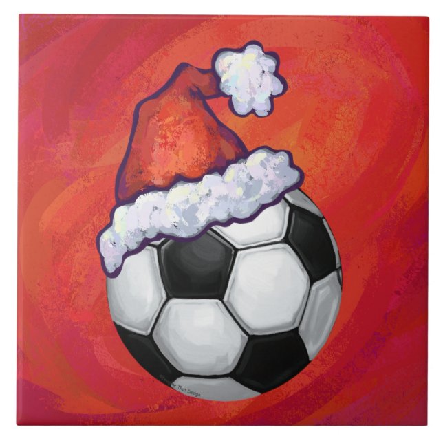 Azulejo De Cerámica Santa Hat Soccer Ball en rojo (Frente)