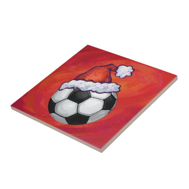 Azulejo De Cerámica Santa Hat Soccer Ball en rojo (Lado)