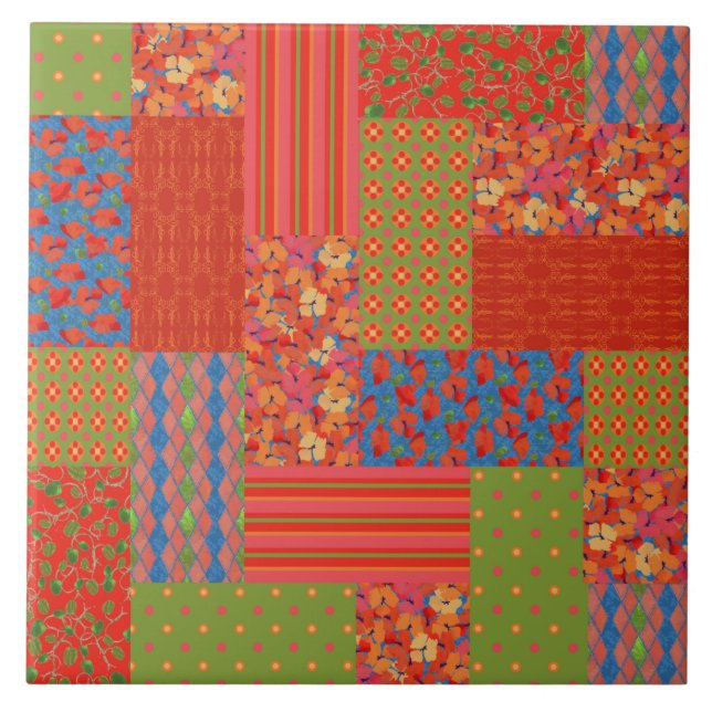 Azulejo De Cerámica Scarlet Poppies Patrones Nostalgic Faux Patchwork (Frente)