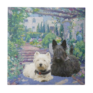 Azulejo De Cerámica Scottie y Westie en un jardín acogedor