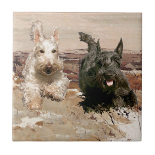Azulejo De Cerámica Scotties trigueños y negros corriendo