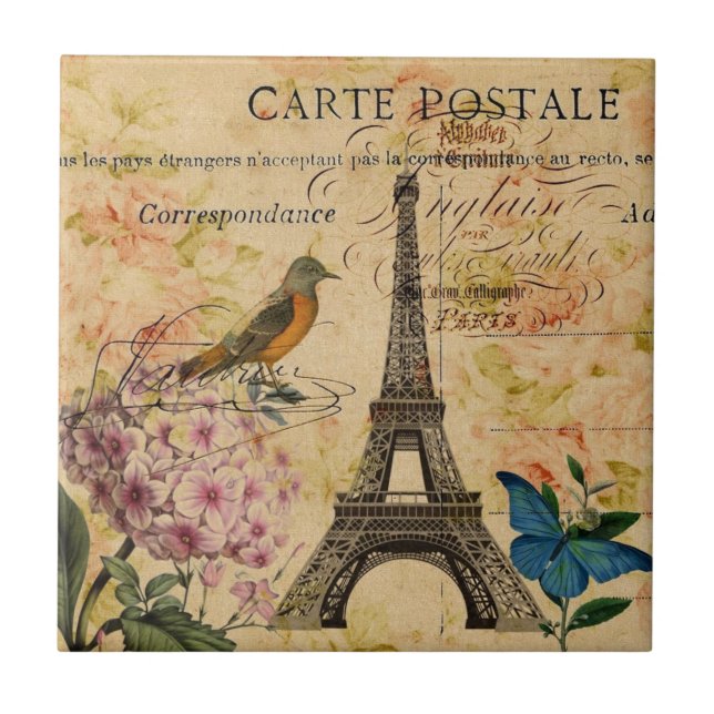Azulejo De Cerámica Scripts Hydrangea Francés Bird Paris Torre Eiffel (Frente)