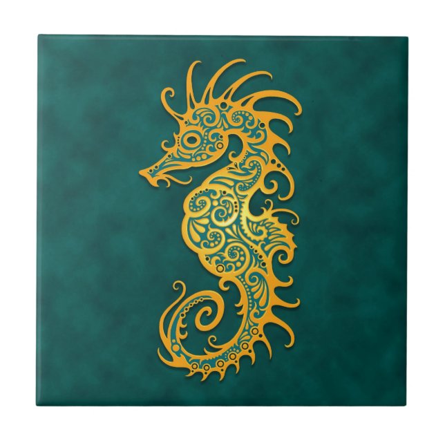 Azulejo De Cerámica Seahorse tribal azul de oro (Frente)